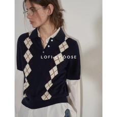 批发Lofi choose 复古菱格Polo领短袖针织衫<b class='q'>女</b>春季高级感宽松百搭上衣
