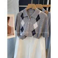 批发气质翻领细菱形格百搭针织衫短袖<b class='q'>女</b>2026春夏