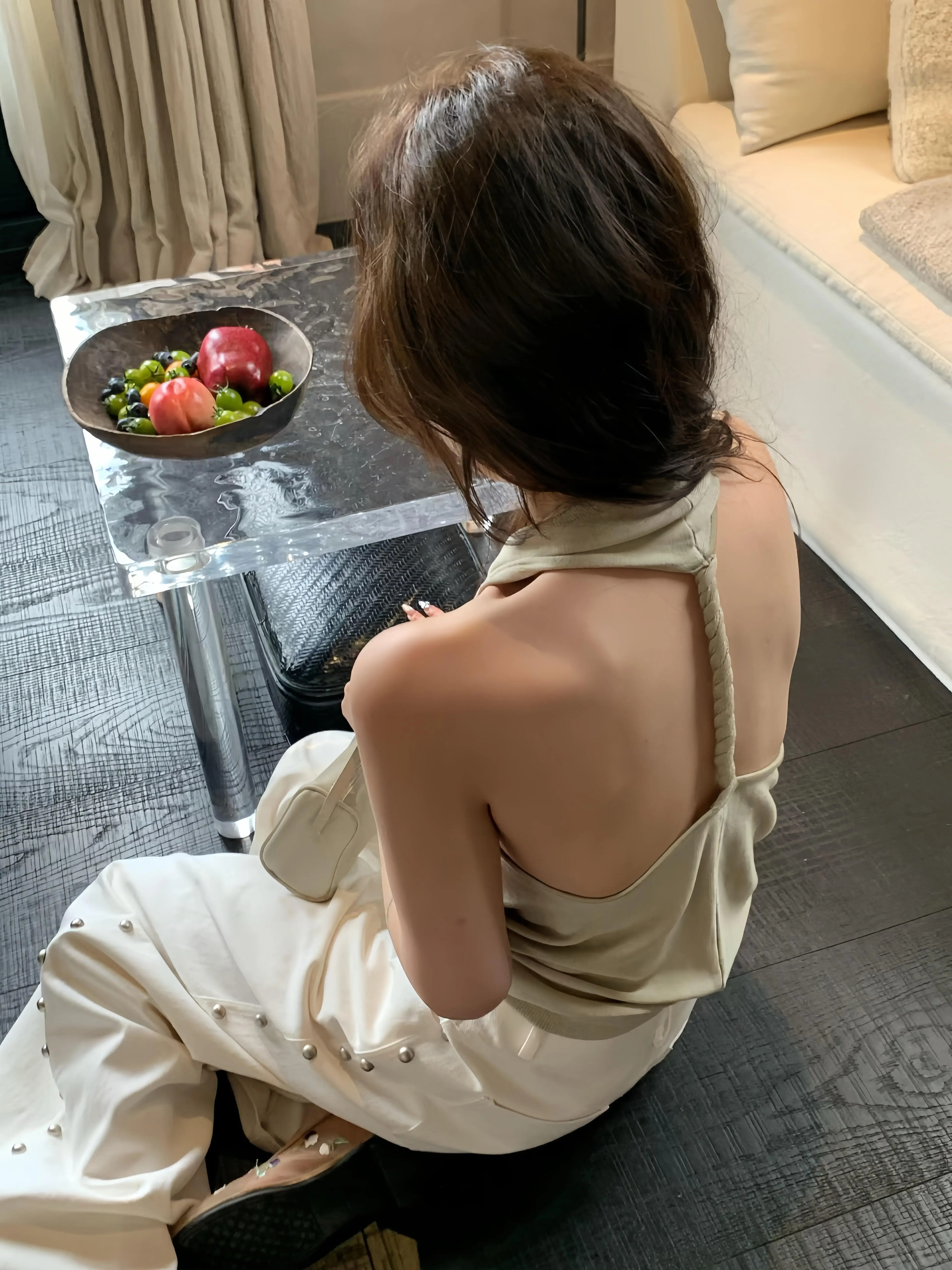 태국 아름다운 행침 목 작은 슬링 조끼 여성 여름 외출용 고유 한 아름다운 ~ 중 여름 백리스 흔들다 칼라 민소매 맨위