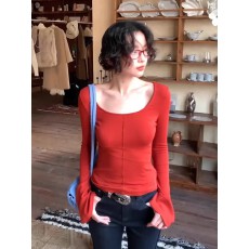 批发性感红色U领正肩<b class='q'>长</b>袖<b class='q'>T</b><b class='q'>恤</b>打底衫女早春修身显瘦内搭大领口辣妹上衣