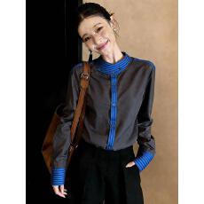 批发别致独特漂亮灰色条纹小衫立领衬衣<b class='q'>长</b>袖衬衫女早春洋气高贵上衣服