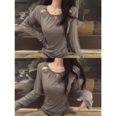 批发韩系chic灰色镂空正肩<b class='q'>长</b>袖<b class='q'>T</b><b class='q'>恤</b>女早春设计感小众炸街独特漂亮上衣