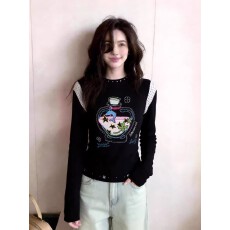 批发美式洋气时尚<b class='q'>街头</b>风黑色印花上衣女设计感宽松显瘦撞色上衣别致春