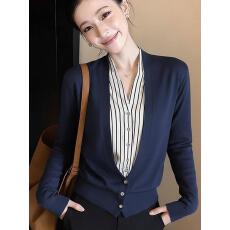 批发独特漂亮蓝色<b class='q'>假两件</b>小衫女装早春新款针织开衫设计小众洋气上衣服