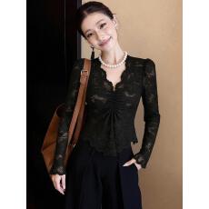 批发设计小众蕾丝花边v领镂空上衣服女装夏季独特漂亮黑色<b class='q'>长袖</b>T恤小衫