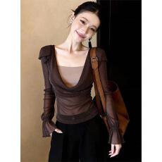 批发独特漂亮荡领小衫亮丝网纱拼接<b class='q'>长袖</b>T恤女早春设计小众咖色上衣服