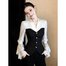 批发撞色黑白独特漂亮小衫假两件衬衫女装早春新款洋气高贵花边上衣服