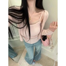 批发春天韩系ootd穿搭粉色针织开衫女独特漂亮超好看吊带上衣两件套装
