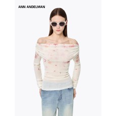 批发渐变印花毛织一字肩温柔针织衫别致露肩褶皱收腰上衣