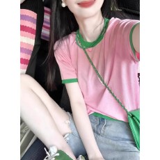 批发多巴胺粉色圆领针织短袖t恤女夏季薄款独特漂亮宽松正肩上衣