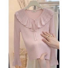 批发粉色荷叶边长袖针织打底衫女早春独特漂亮修身内搭喇叭袖系带上衣