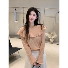 批发法式绝美粉色荷叶边长袖针织衫女早春独特漂亮miu系修身显瘦上衣