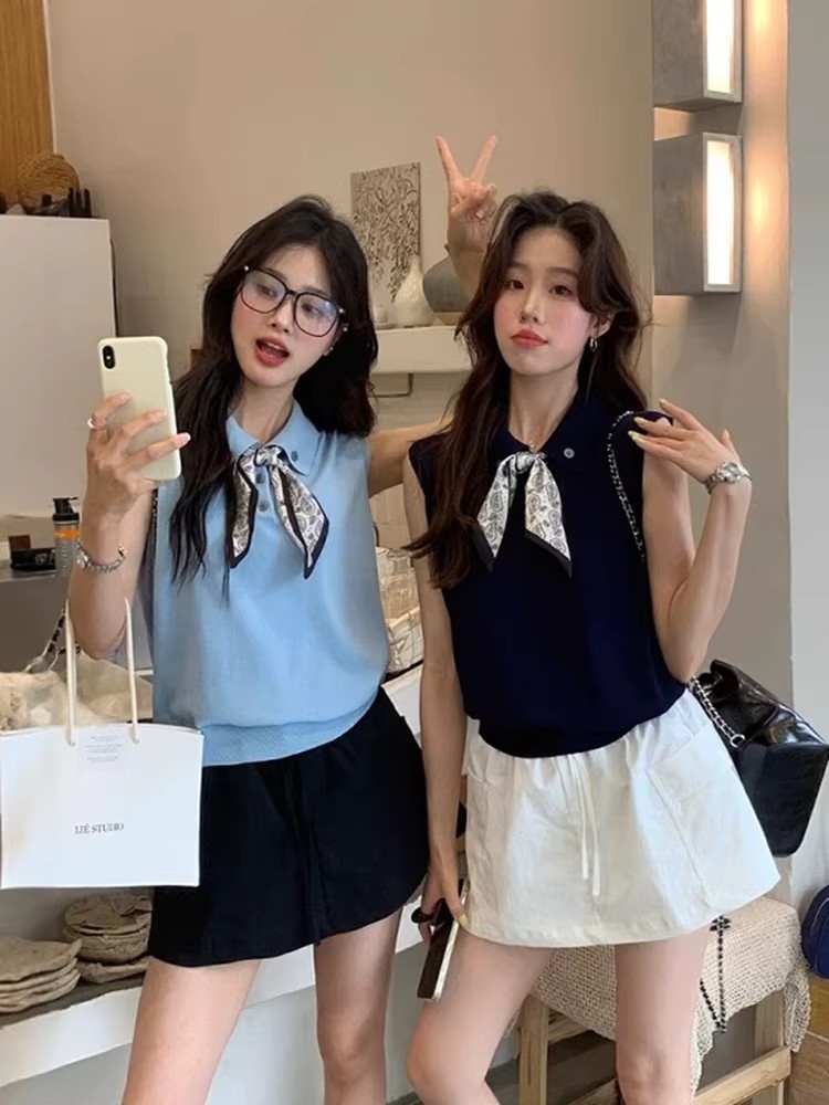 POLO 칼라 경기 스카프 니트 조끼 여성 여름 고급 센스 고유 한 아름다운 민소매 티셔츠 폴로 칼라 맨위