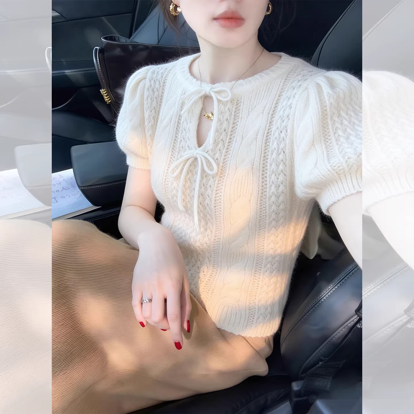 우유 화이트 나비 넥타이 홀로우 아웃 니트 반팔 티셔츠 여성 2026 여름 프랑스식 사소한 부드러운 바람 맨위