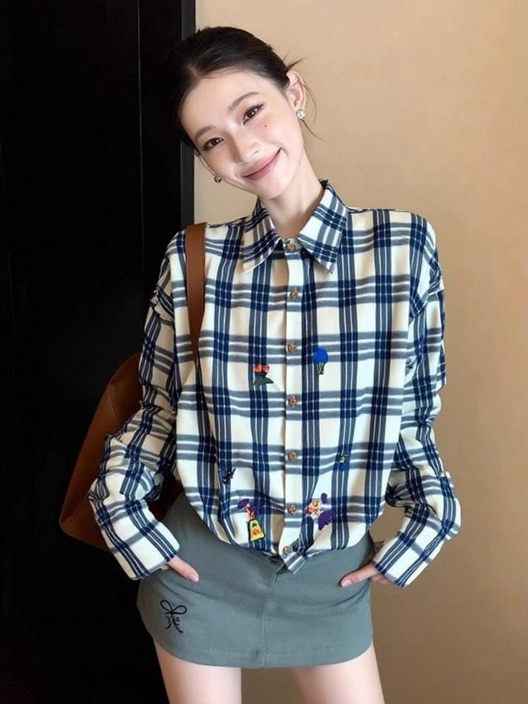 고유 한 아름다운 자카드 셔츠 작은 셔츠 긴팔 파란색 체크무늬 여성 셔츠 봄 외국 가스 다용도 폴로 칼라 맨위 서비스