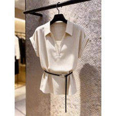 批发韩系假两件polo领短袖<b class='q'>衬衫女</b>夏季独特漂亮超好看收腰显瘦气质上衣