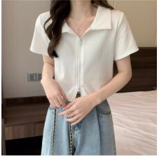 批发双拉链polo领粉色短袖t恤<b class='q'>女</b>夏季设计感小众短款露脐辣妹<b class='q'>开衫</b>上衣