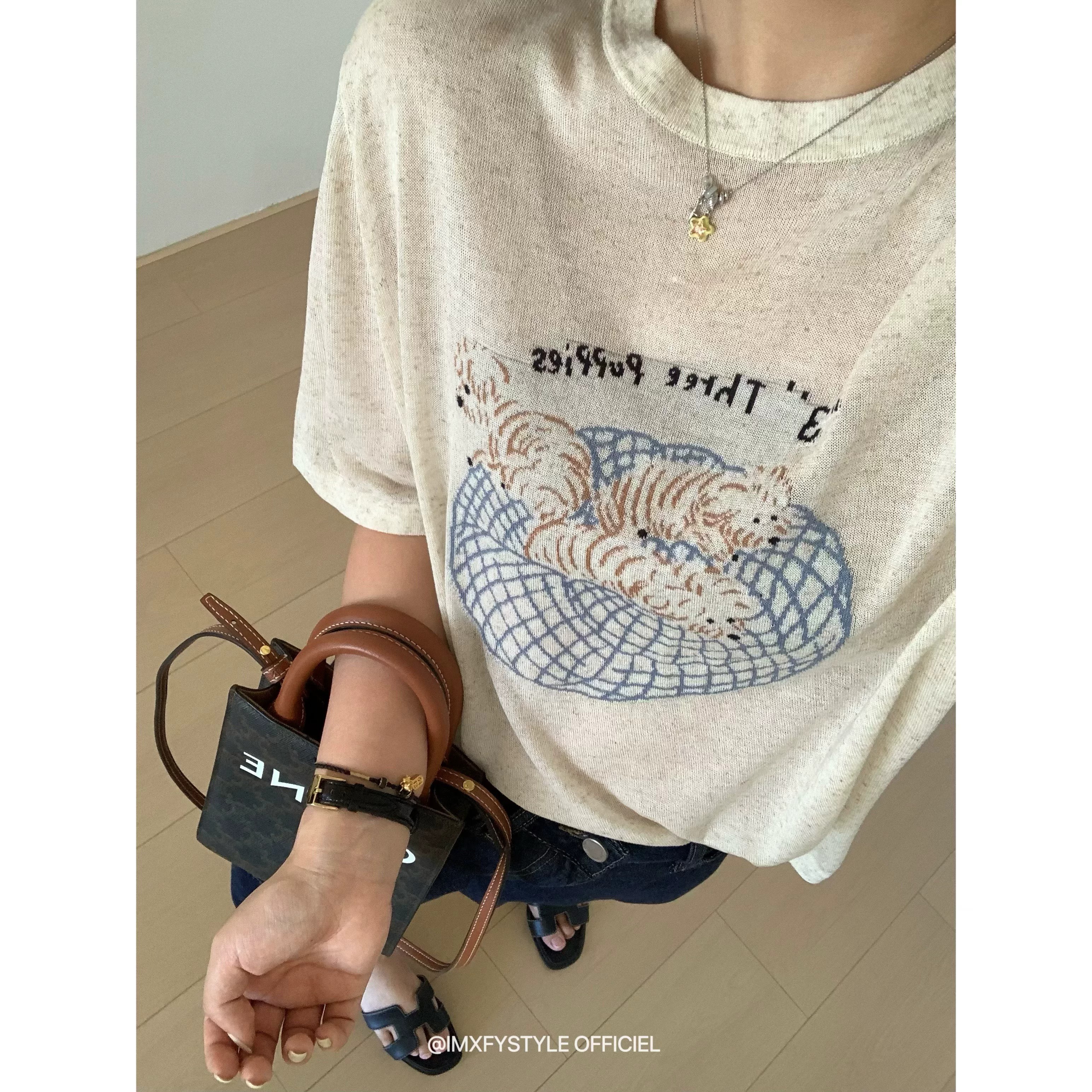 xfystyle_ 만화 패턴 반팔 니트 스웨터 여성 여름 라운드 넥 루즈핏 캐주얼 다용도 맨위