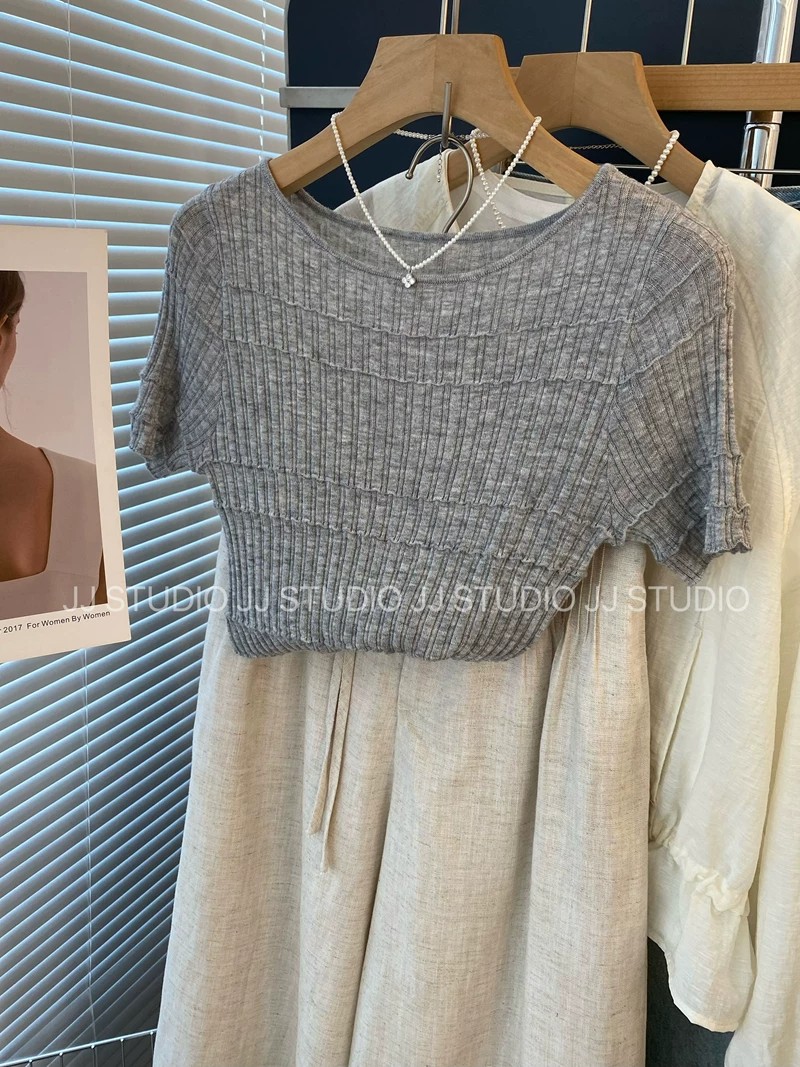 품격 슬림해 보이는 스트라이프 부드러운 찹쌀 양모 니트 스웨터 풀오버 반팔 여성