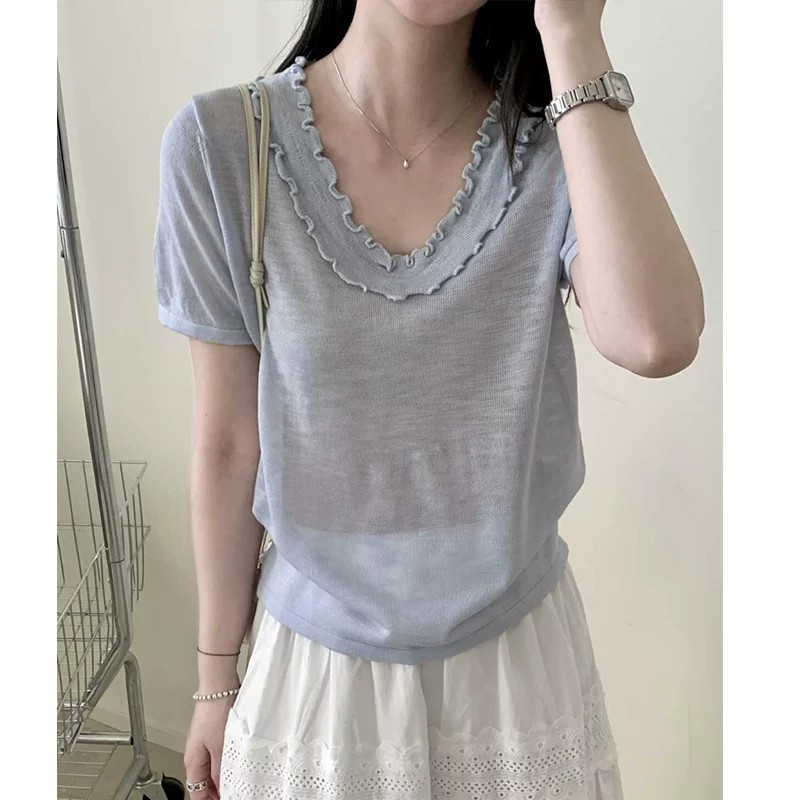 한 부서 품격 프릴 V넥 반팔 니트 스웨터 여성 순수한 소녀 센스 인터넷 색상 얇고 가벼운 풀오버 맨위 여름