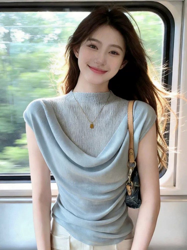 한 부서 파란색 반하이넥 페이크 레이어드 반팔 티셔츠 여성 여름 루즈핏 작은 대중 아니요 명중 섹션 고유 한 아름다운 맨위