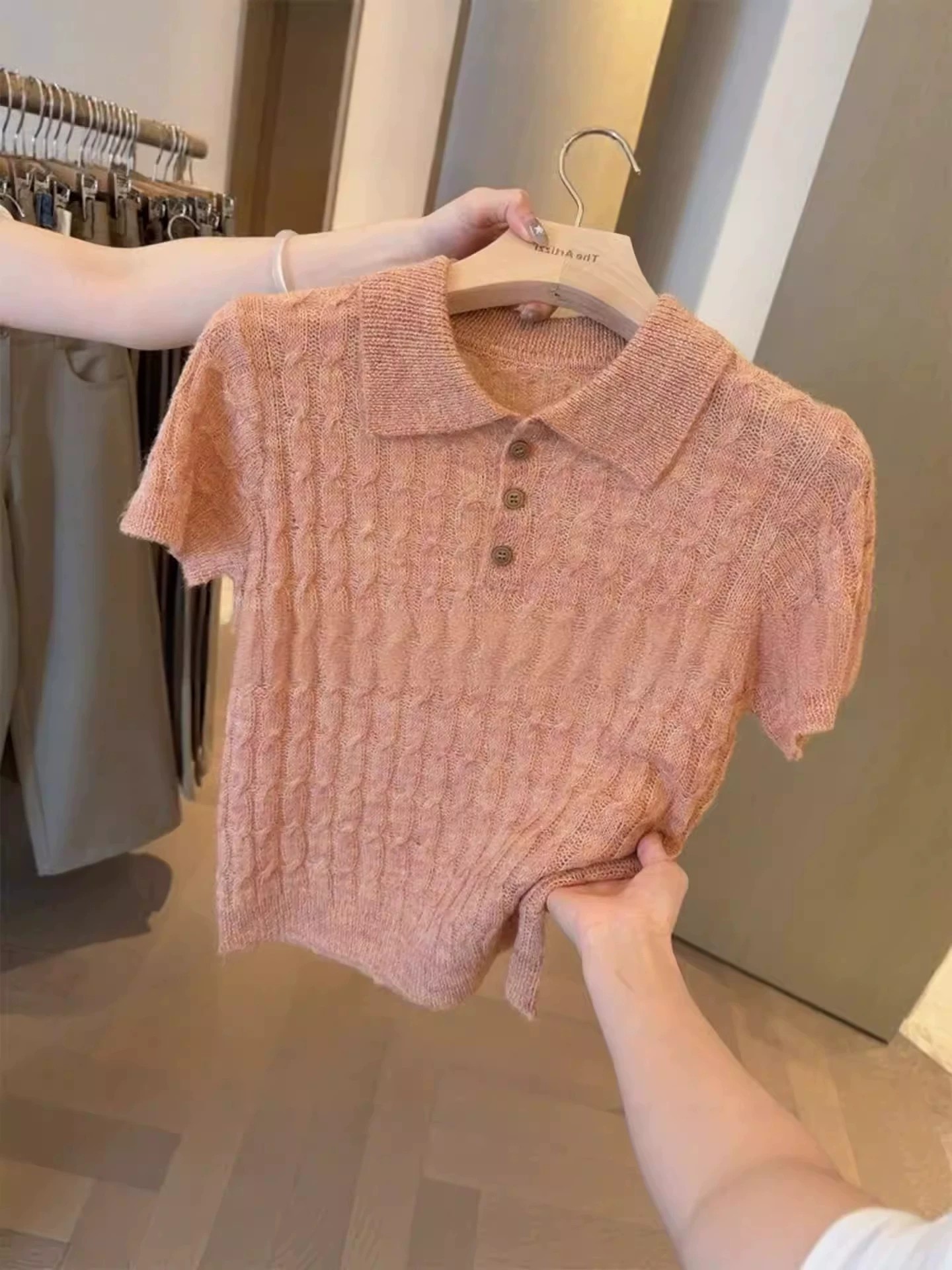 한 부서 웨스트 포 멜로 분말 POLO 칼라 니트 반팔 티셔츠 여성 여름 고급 센스 품격 폴로 칼라 민소매 맨위