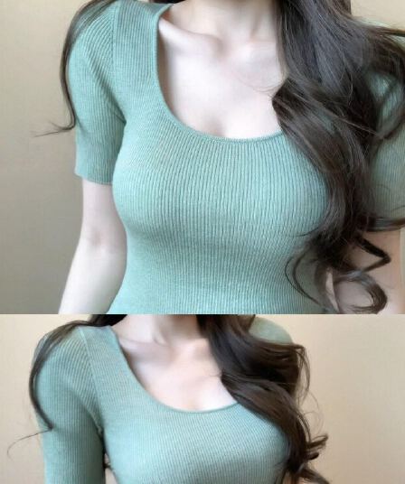 한 스타일 순수한 욕망 바람 박하 녹색 u 칼라 긍정적 인 어깨 니트 반팔 티셔츠 여성 여름 작은 대중 아름다운 몸매 가꾸기 슬림해 보이는 맨위
