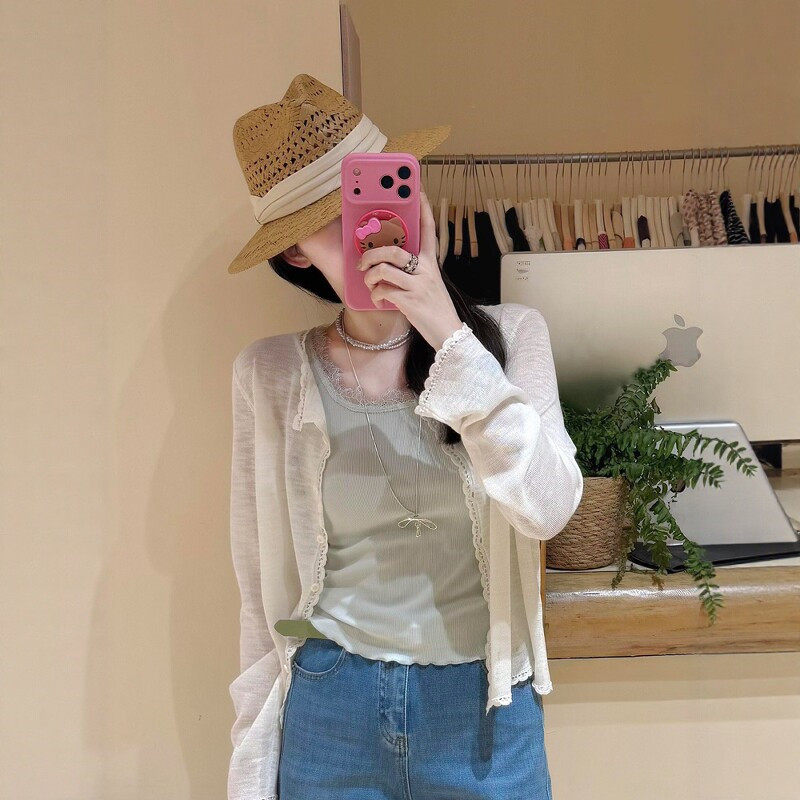 한 부서 화이트 레이스 자외선 차단 긴팔 니트 오픈 가디건 여성 여름 경기 슬립 외부 가져 가라. 작은 숄 블라우스 맨위 얇은