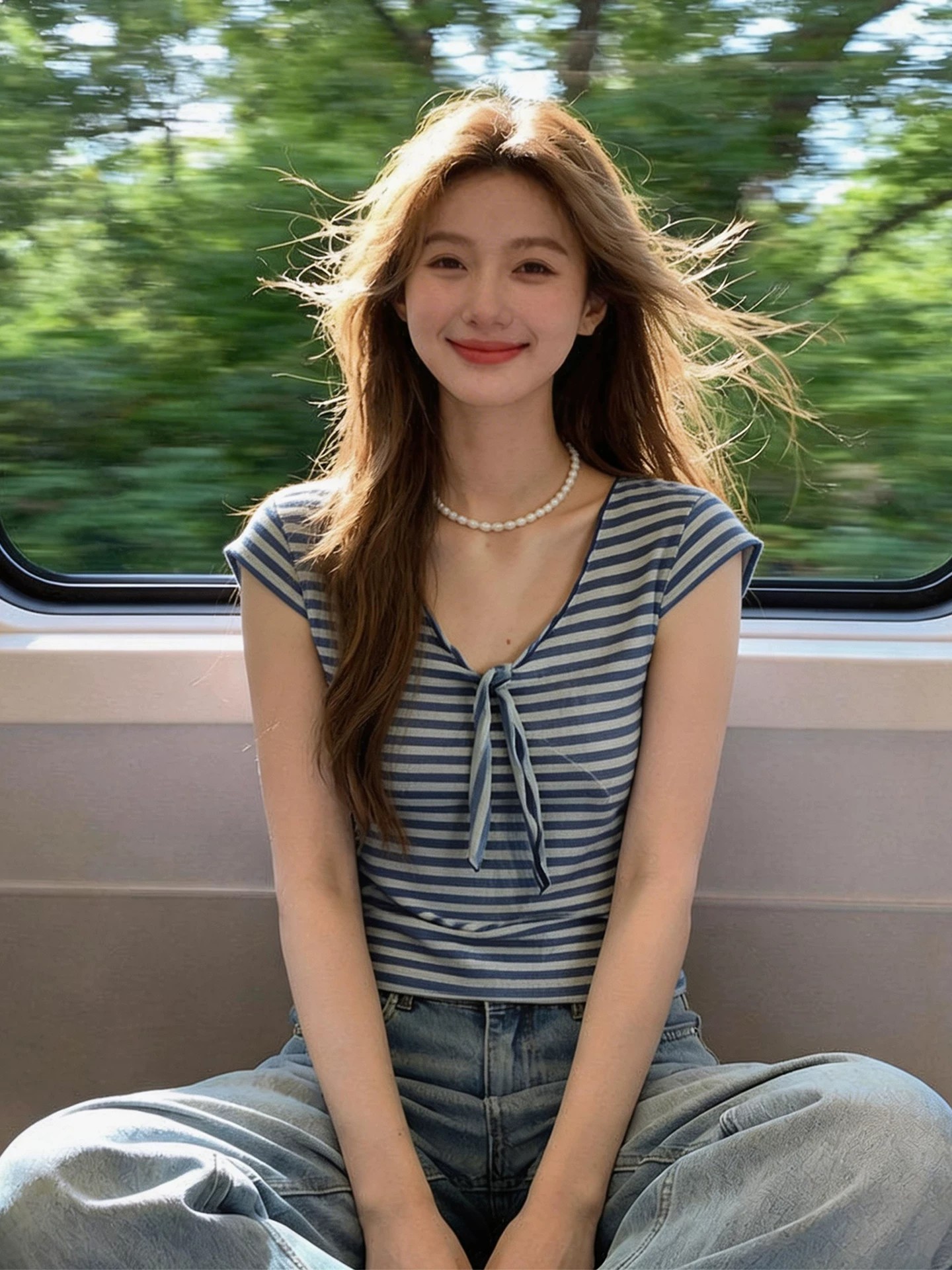 한 부서 파란색 스트라이프 V넥 Feifei 소매 반팔 티셔츠 여성 여름 작은 키 튀김 거리 고유 한 아름다운 쇼트 스타일 맨위