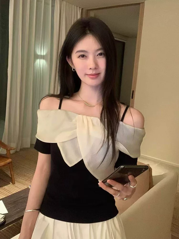 한 부서 검정색 오프숄더 나비 매듭 반팔 티셔츠 여성 여름 캐주얼 고유 한 아름다운 허리 수축 디스플레이 얇고 작은 맨위