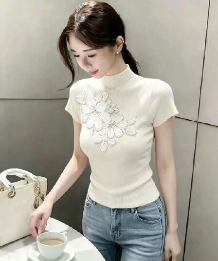 순수한 욕망 섹시함 화이트 반하이넥 반팔 티셔츠 여성 여름 고유 한 아름다운 작은 대중 디자인 센스 몸매 가꾸기 슬림해 보이는 맨위