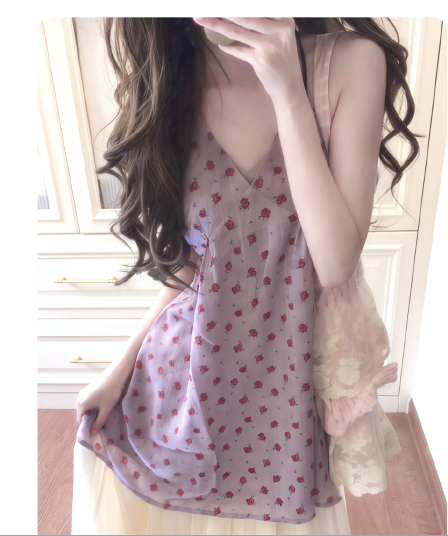 프랑스식 보라색 꽃무늬 V넥 행침 목 민소매 조끼 슬립 여성 여름 루즈핏 외출용 아름다운 백리스 작은 맨위