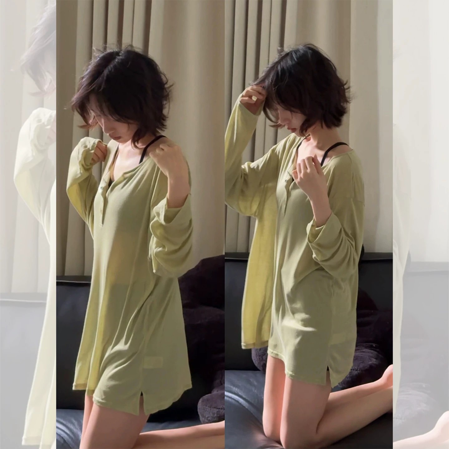 녹색 자외선 차단 얼음 실크 긴팔 티셔츠 블라우스 여성 여름 2026 느긋한 느슨함 센스 외부 가져 가라. 루즈핏 맨위 얇은 스타일
