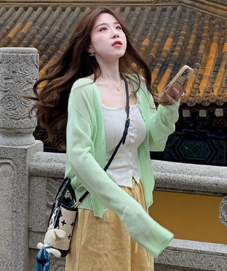 한 부서 녹색 자외선 차단 니트 오픈 가디건 여성 코트 자이언트 잘 생긴 ~ 중 여름 외부 가져 가라. 에어컨 블라우스 맨위 얇은