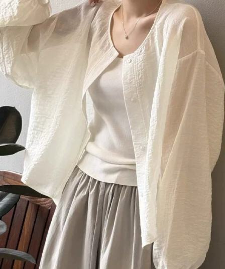 한 부서 화이트 셔츠 여성 코트 여름 얇은 스타일 외부 가져 가라. Tulle 블라우스 자외선 차단 오픈 가디건 에어컨 셔츠 맨위