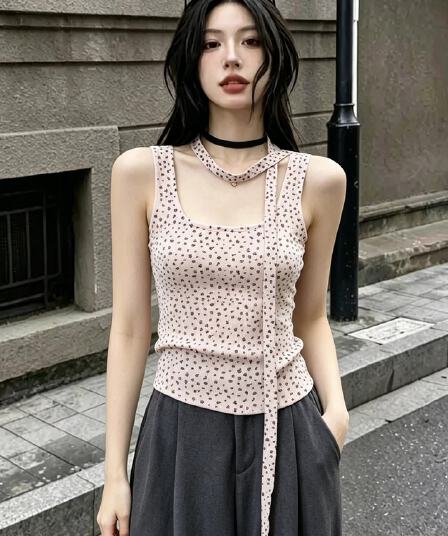도파민 착용 가져 가라. 행침 목 리본 니트 작은 슬링 조끼 여성 여름 외출용 핫걸 몸매 가꾸기 섹시함 민소매 맨위
