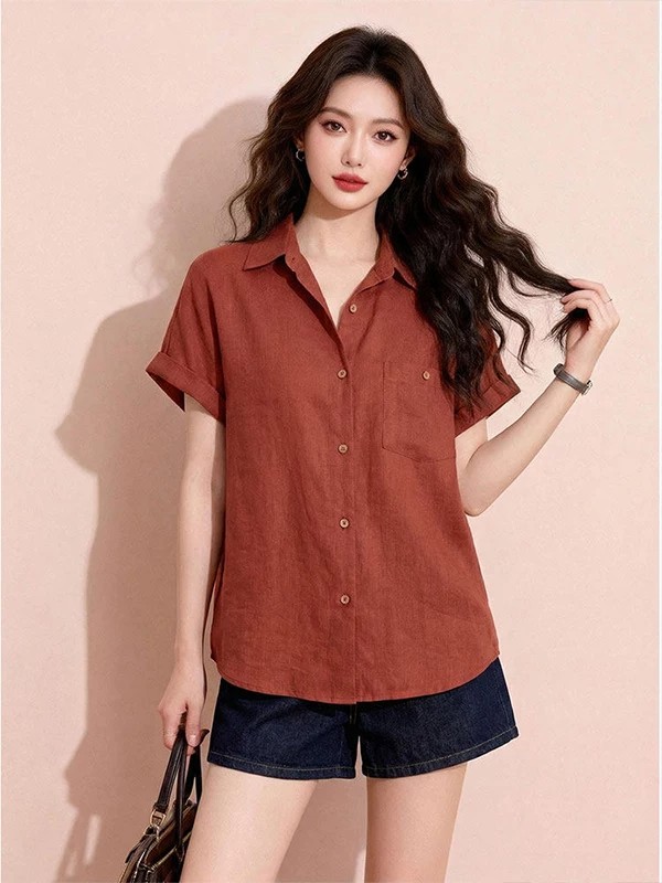 고급 센스 분위기 센스 아마 바람 폴로 칼라 반팔 셔츠 여름 느슨함 센스 루즈핏 디자인 센스 작은 대중 단추 맨위