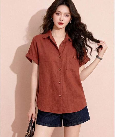 고급 센스 분위기 센스 아마 바람 폴로 칼라 반팔 셔츠 여름 느슨함 센스 루즈핏 디자인 센스 작은 대중 단추 맨위
