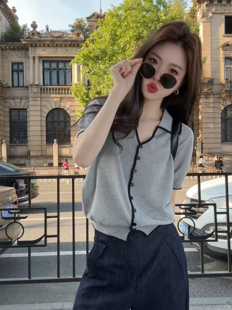 한 부서 POLO 칼라 회색 반팔 얼음 실크 니트 오픈 가디건 여성 자이언트 잘 생긴 ~ 중 여름 다용도 고유 한 아름다운 맨위