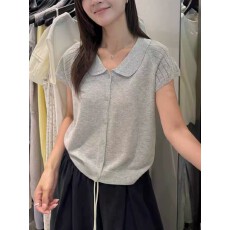 批发夏季翻领蓝色短袖针织开<b class='q'>衫</b>女宽松薄款小个子短款上衣