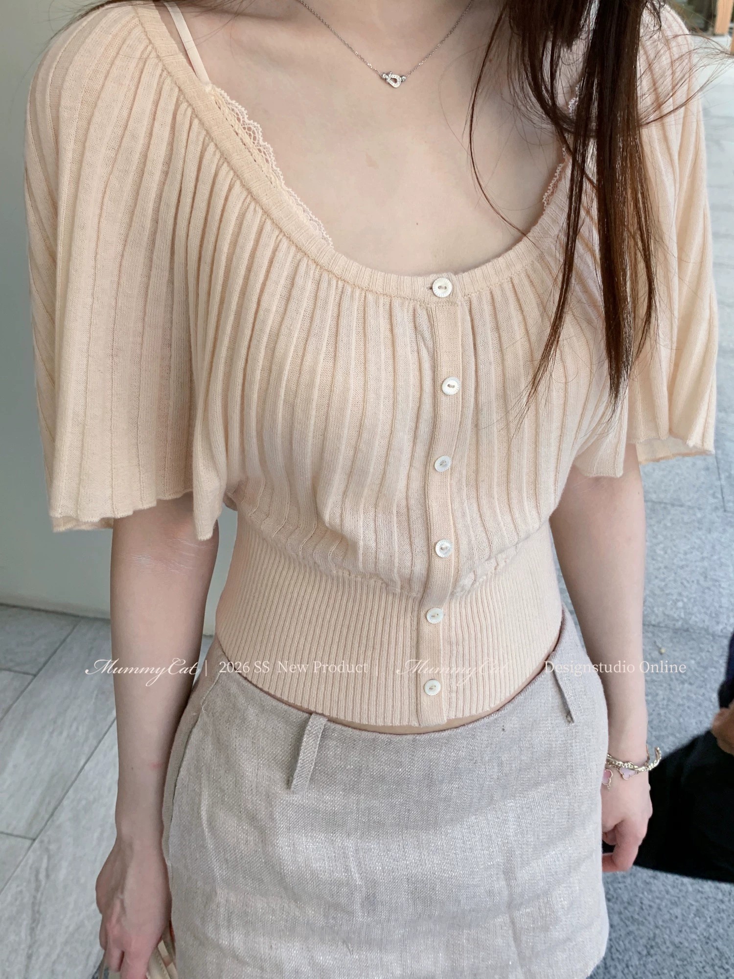 한 부서 장기 Pleat 라운드 넥 니트 오픈 가디건 여성 여름 품격 허리 수축 반팔 티셔츠 캐주얼 배트윙 소매 맨위 tee
