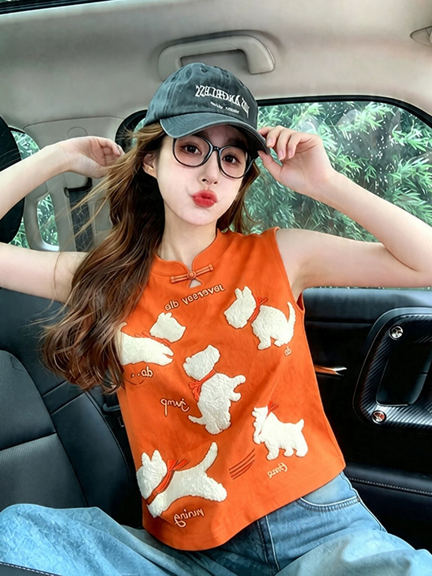 도파민 착용 가져 가라. 주황색 민소매 티셔츠 여성 새로운 중식 국풍 맨위 3 차원 강아지 자카드 단추 작은 셔츠 여름