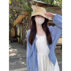 批发韩系蓝色条纹棉麻短款防晒衬衫<b class='q'>女</b>夏季小个子外搭薄款<b class='q'>开衫</b>衬衣外套