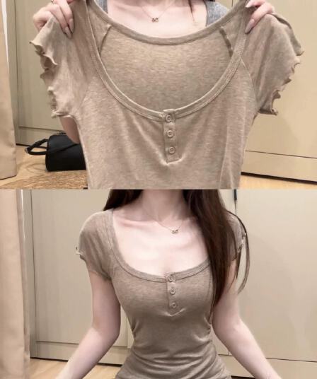순수한 욕망 바람 커피 색상 u 칼라 프릴 반팔 티셔츠 여성 여름 몸매 가꾸기 슬림해 보이는 쇼트 스타일 대 네클라인 핫걸 맨위