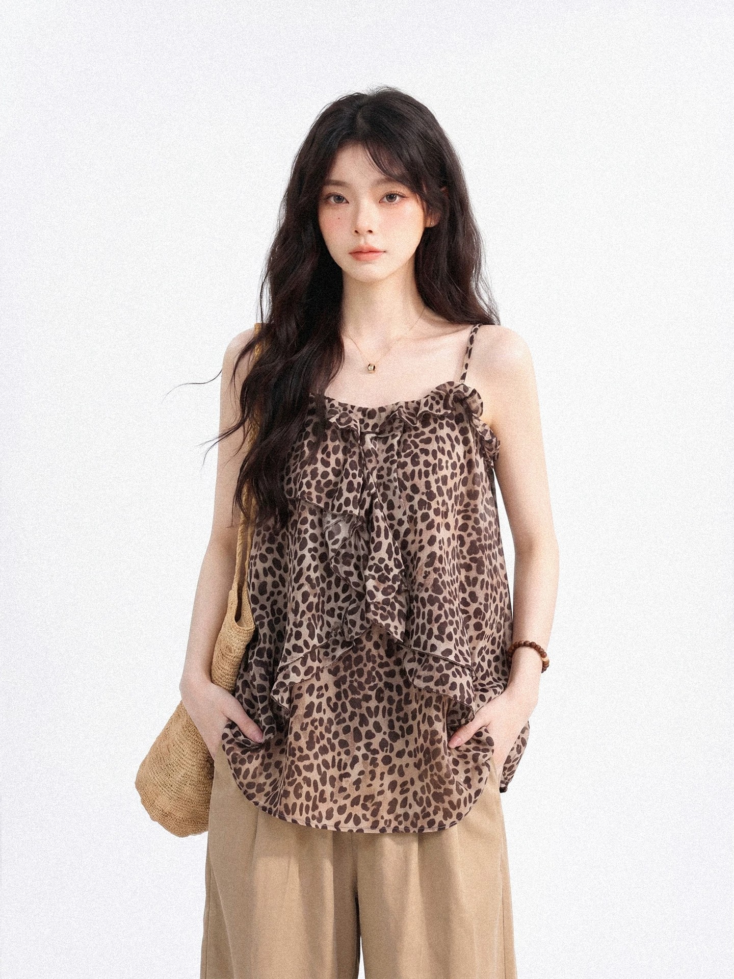 velili 아니요 라일리 레오파드 무늬 얇은 스타일 캐미솔 맨위 여성 여름 디자인 센스 루즈핏 프릴 쉬폰