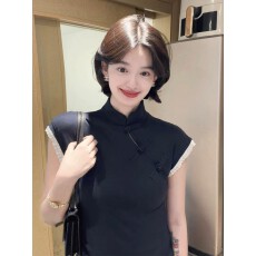 批发新中式国风蓝色立领盘扣短袖<b class='q'>T</b><b class='q'>恤</b>女夏季轻奢高级感气质小飞袖上衣