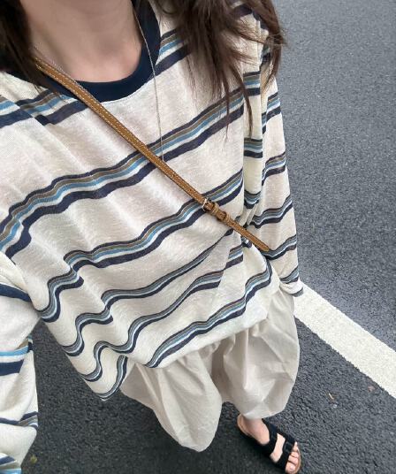 missmarm 한 부서 느긋한 바람 배색 스트라이프 자외선 차단 블라우스 여성 여름 루즈핏 캐주얼 도루 센스 긴팔 티셔츠