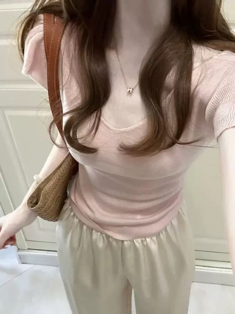 한 부서 Chic 작은 날다 소매 긍정적 인 어깨 니트 반팔 티셔츠 여성 여름 슬림해 보이는 몸매 가꾸기 부드러운 바람 허리 수축 V넥 맨위