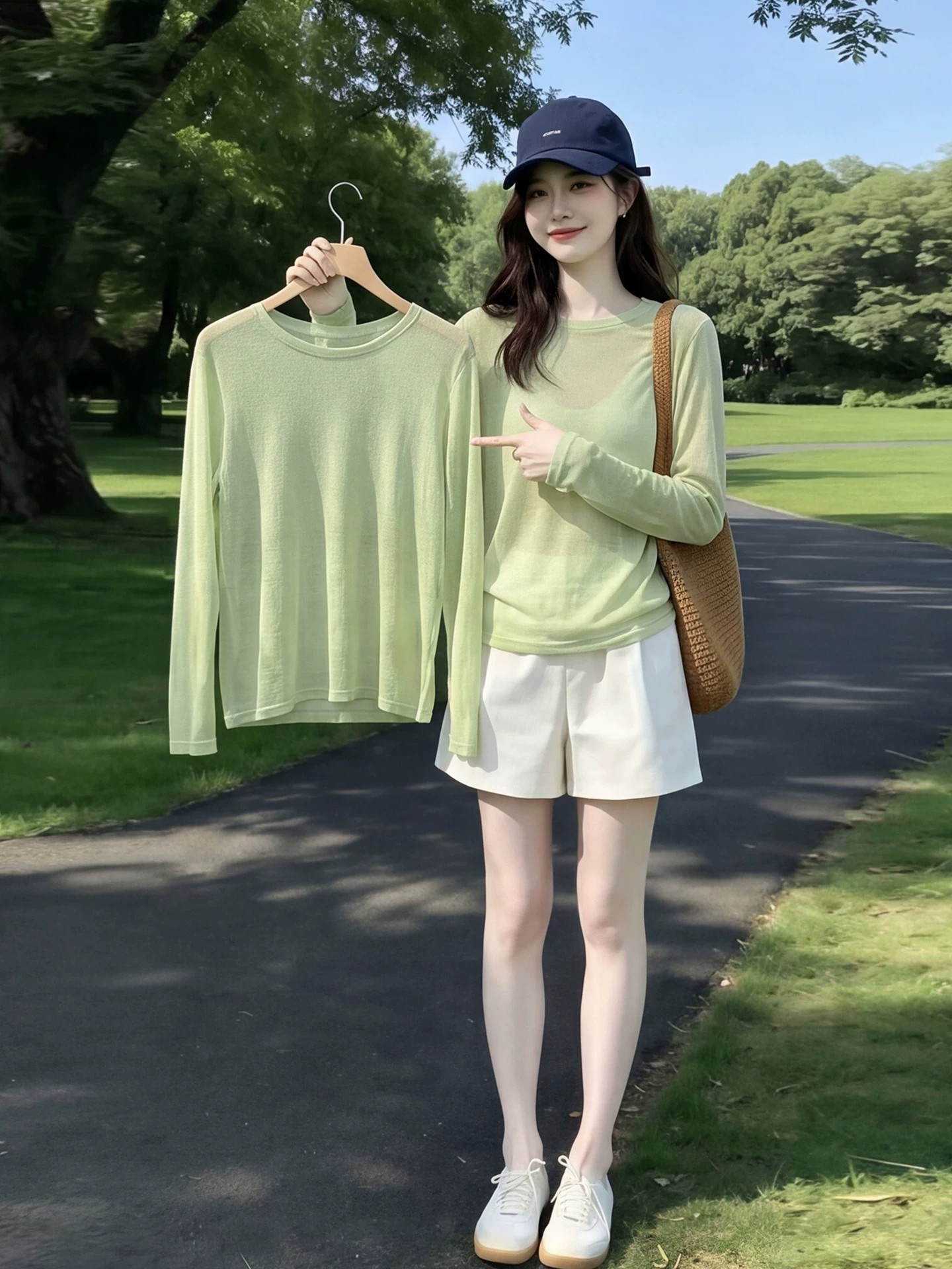 녹색 긴팔 티셔츠 여성 2026 여름 고유 한 아름다운 디자인 센스 자외선 차단 Tulle 긍정적 인 어깨 의류 블라우스 외부 가져 가라.