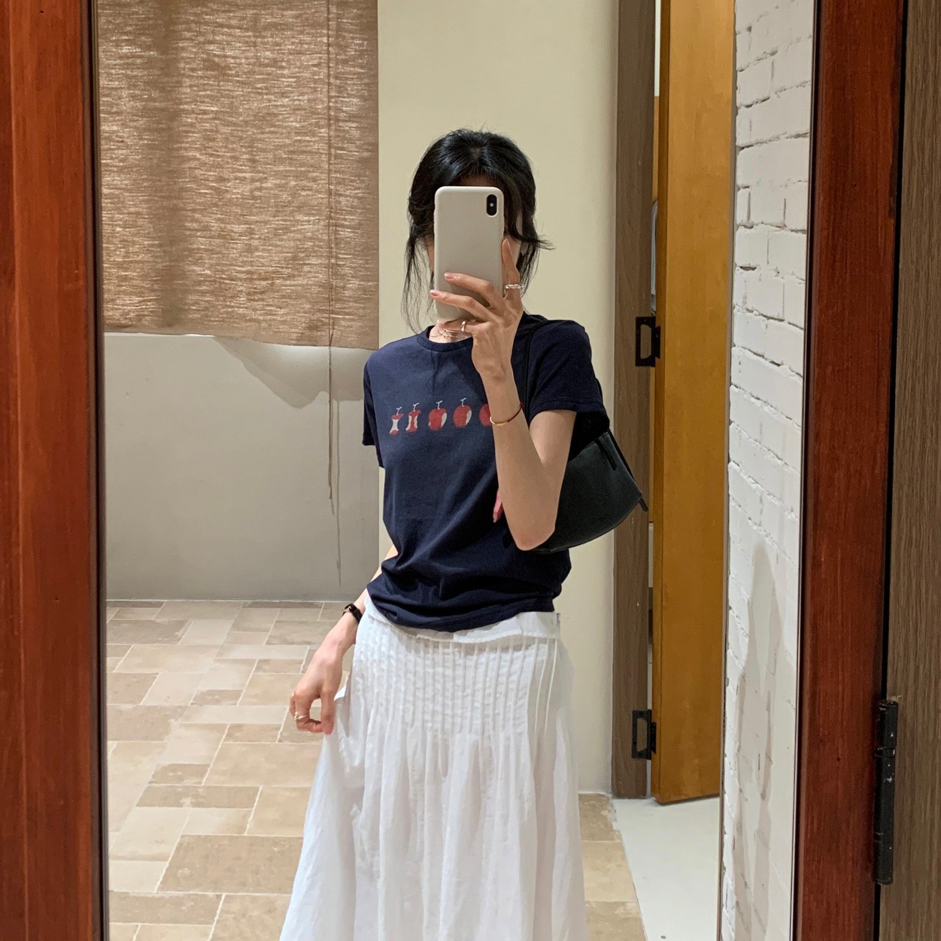 한 부서 만화 애플 프린트 반팔 티셔츠 여름 루즈핏 캐주얼 다용도 긍정적 인 어깨 슬림해 보이는 맨위 얇은